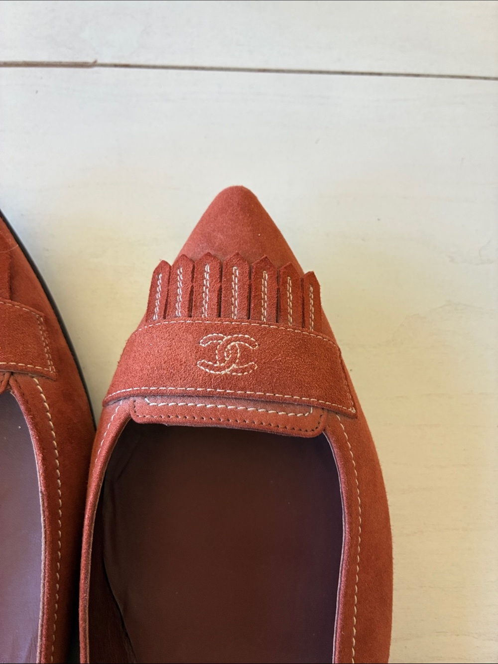 CHANEL Rust Suede Pointed-Toe Flats with Fringe Trim - Picture 3 of 4